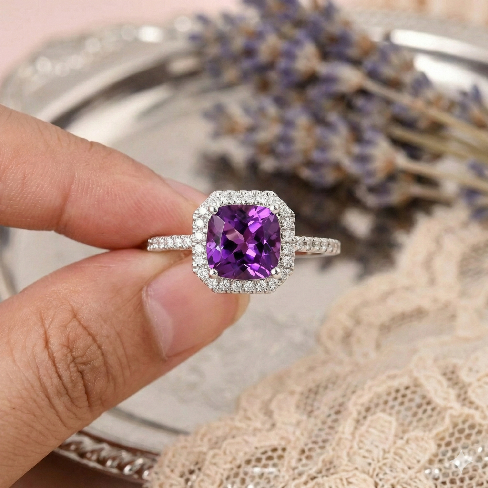 Natural Amethyst Cushion Halo Ring