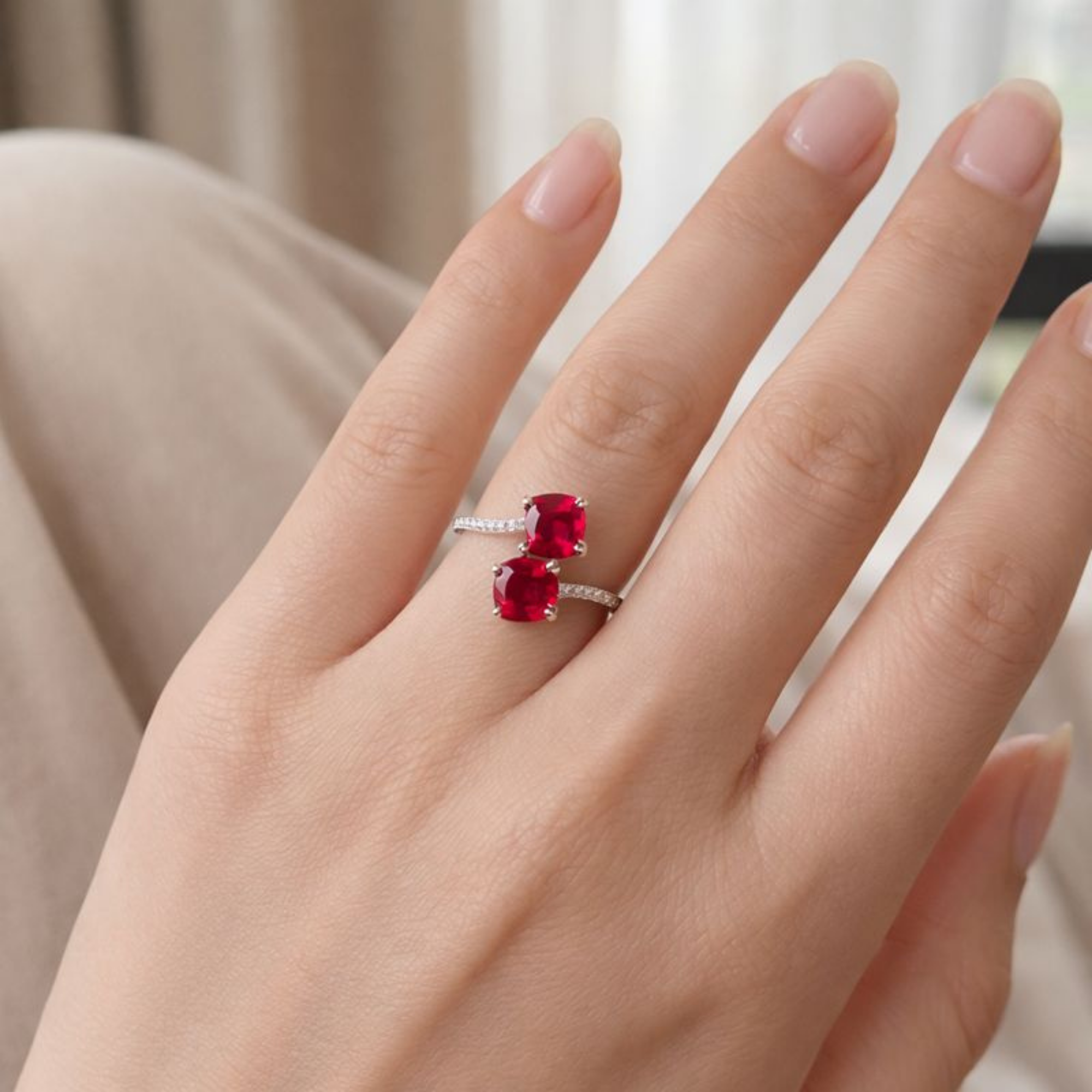 Lab Grown Ruby Bypass Dual Stone Ring Fine Color Jewels