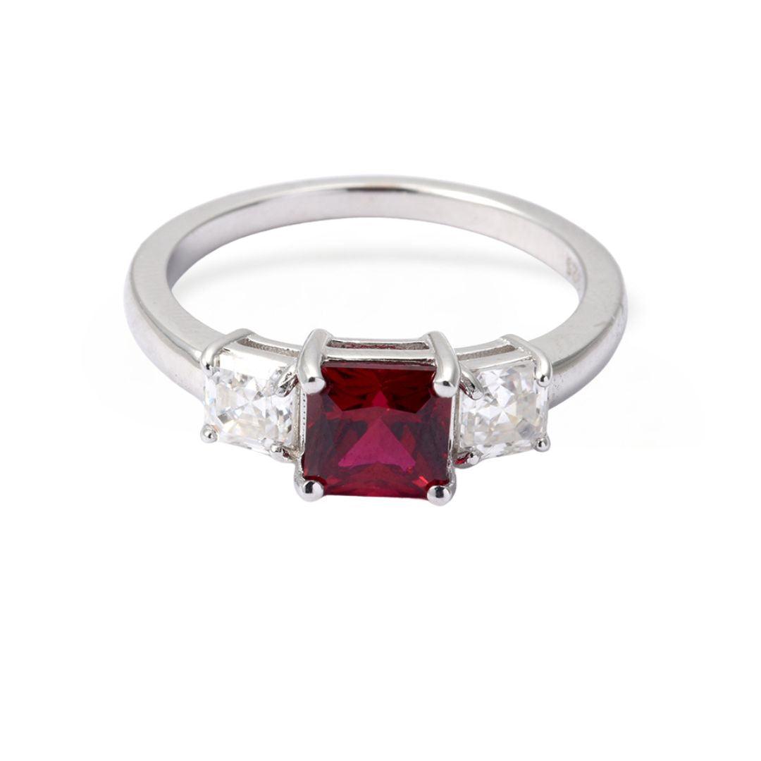 Shop Octagon Red Lab Grown Ruby Prong Silver Three Stone Promise Ring ...