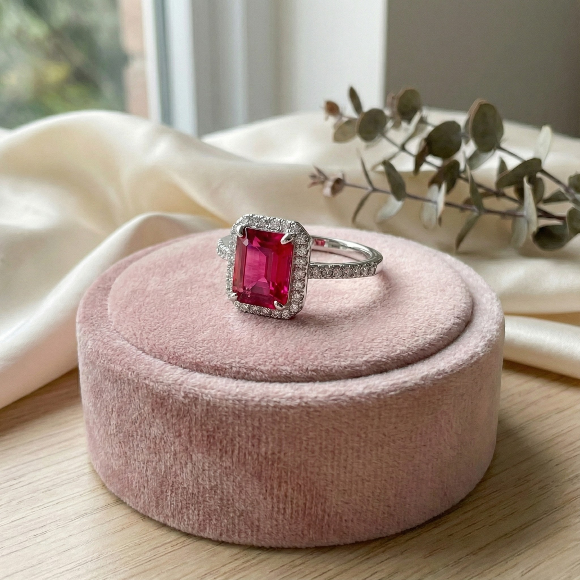 Bague octogonale en rubis cultivé en laboratoire