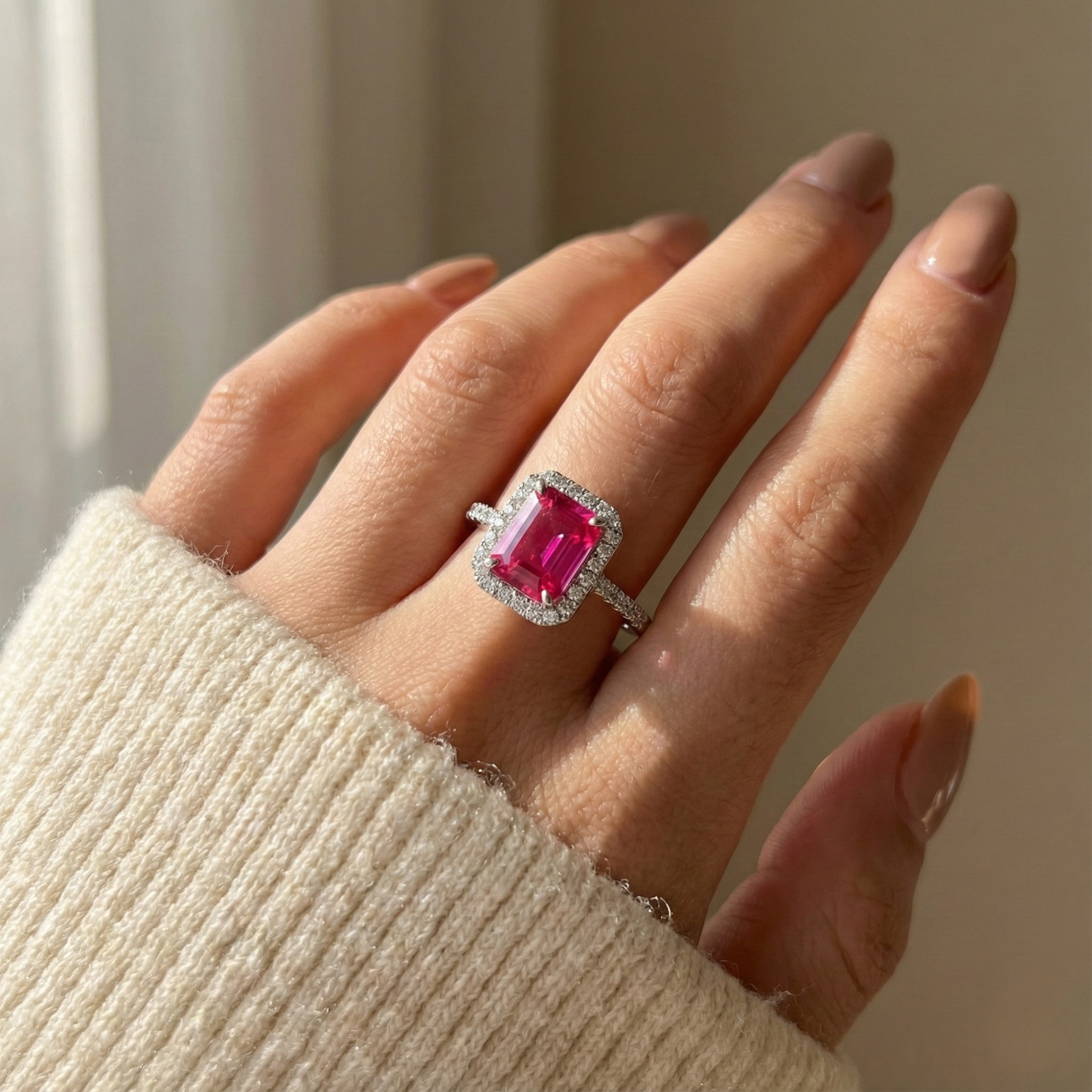 Bague octogonale en rubis cultivé en laboratoire