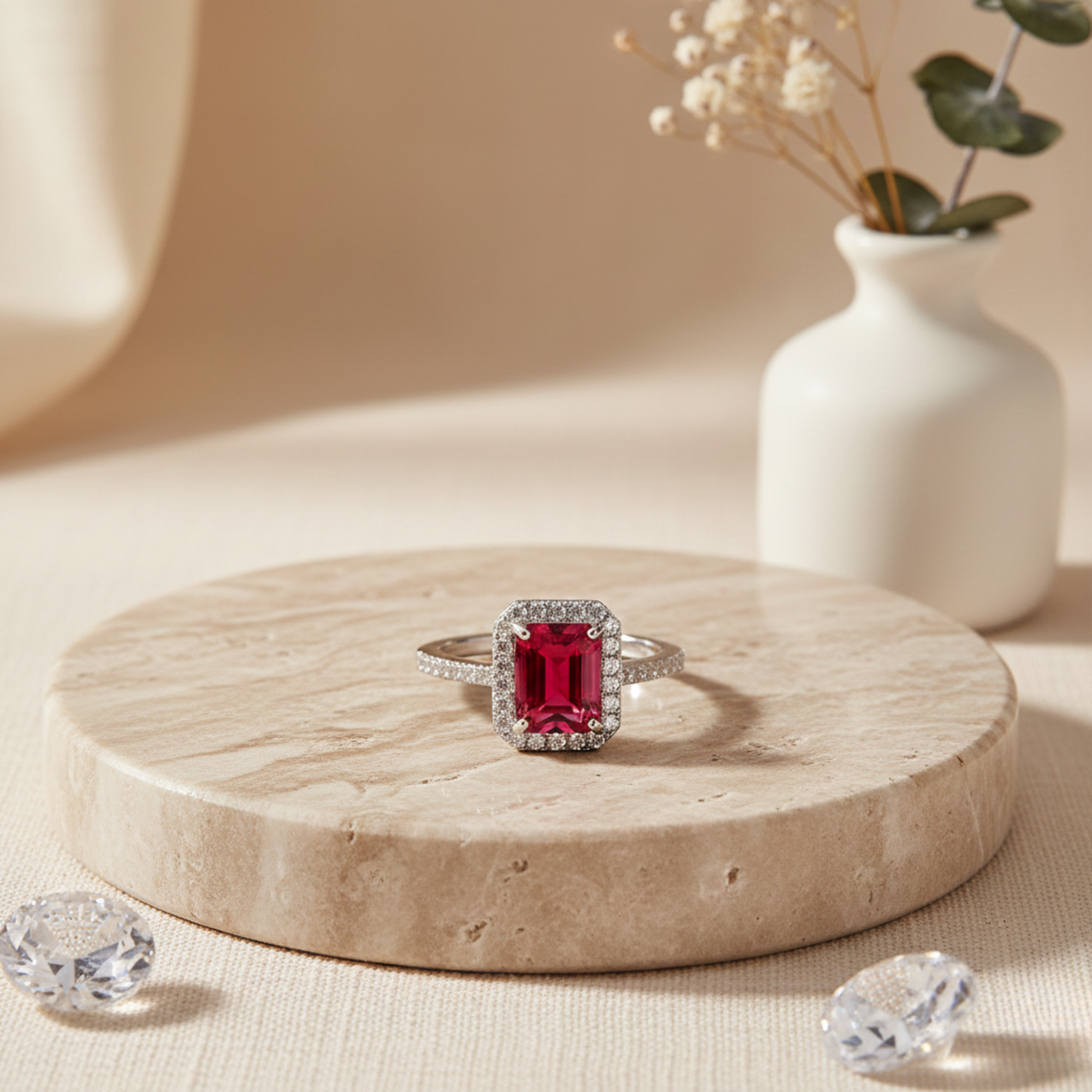 Bague octogonale en rubis cultivé en laboratoire