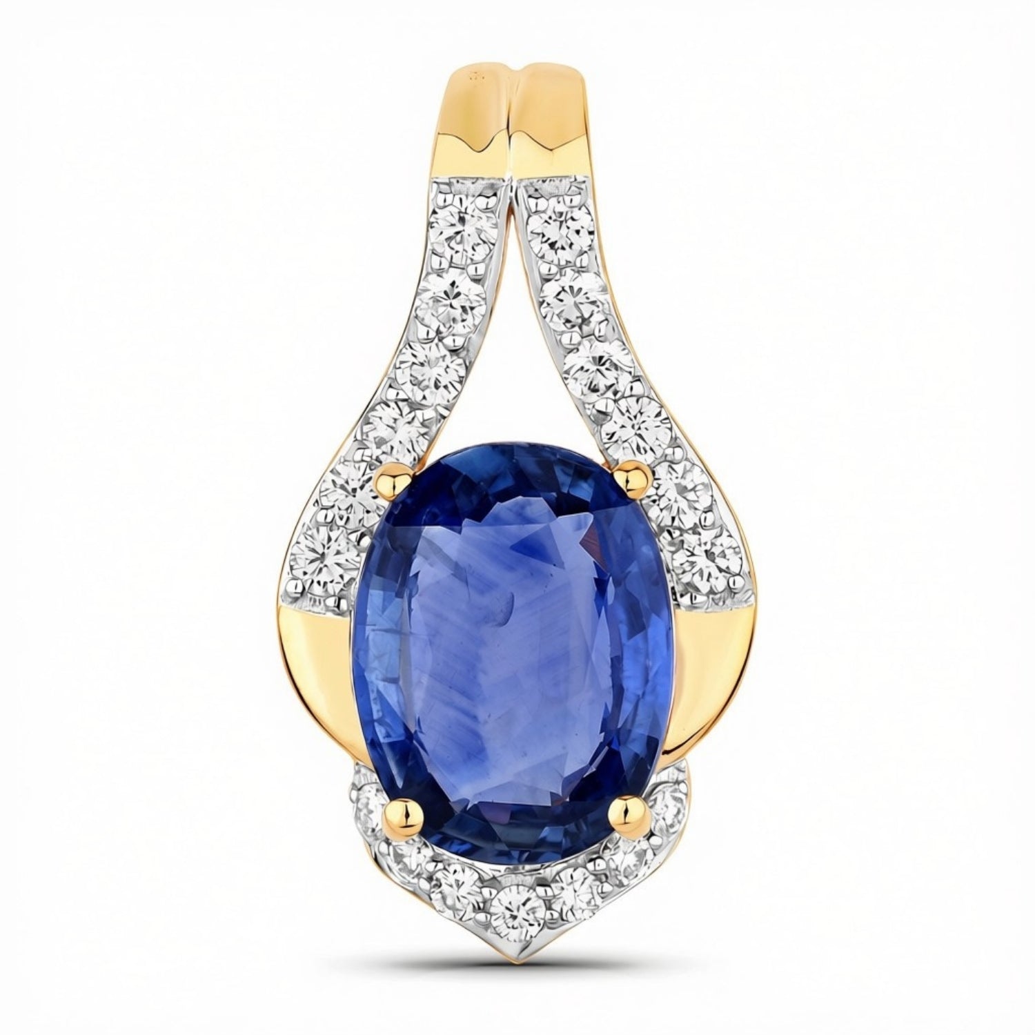 4.13 Ct Genuine Oval Ceylon Blue Sapphire and Diamond 18K Yellow Gold Statement Pendant Only