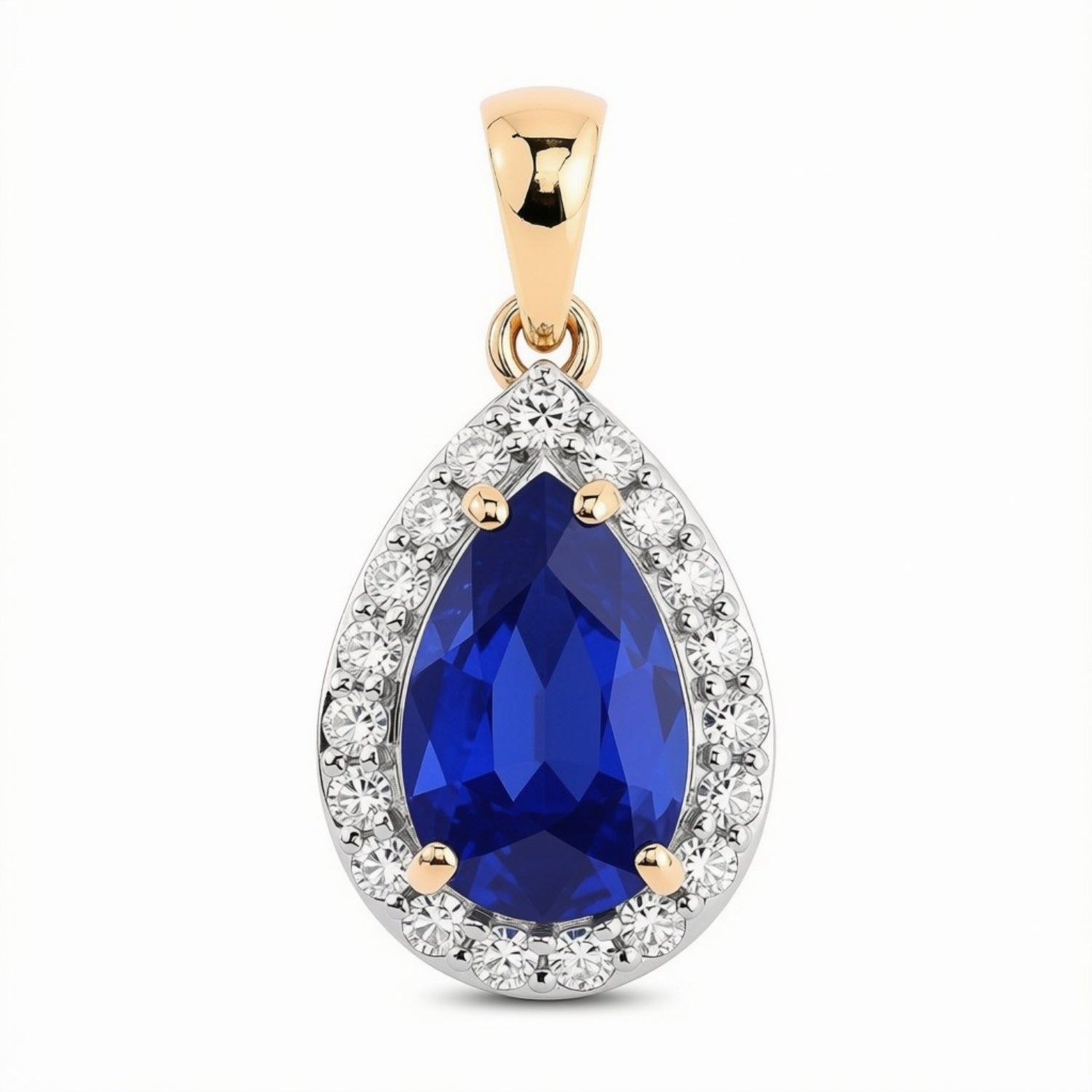 1.88 Ct Genuine Oval Ceylon Blue Sapphire and Diamond 18K Yellow Gold Teardrop Pendant Only