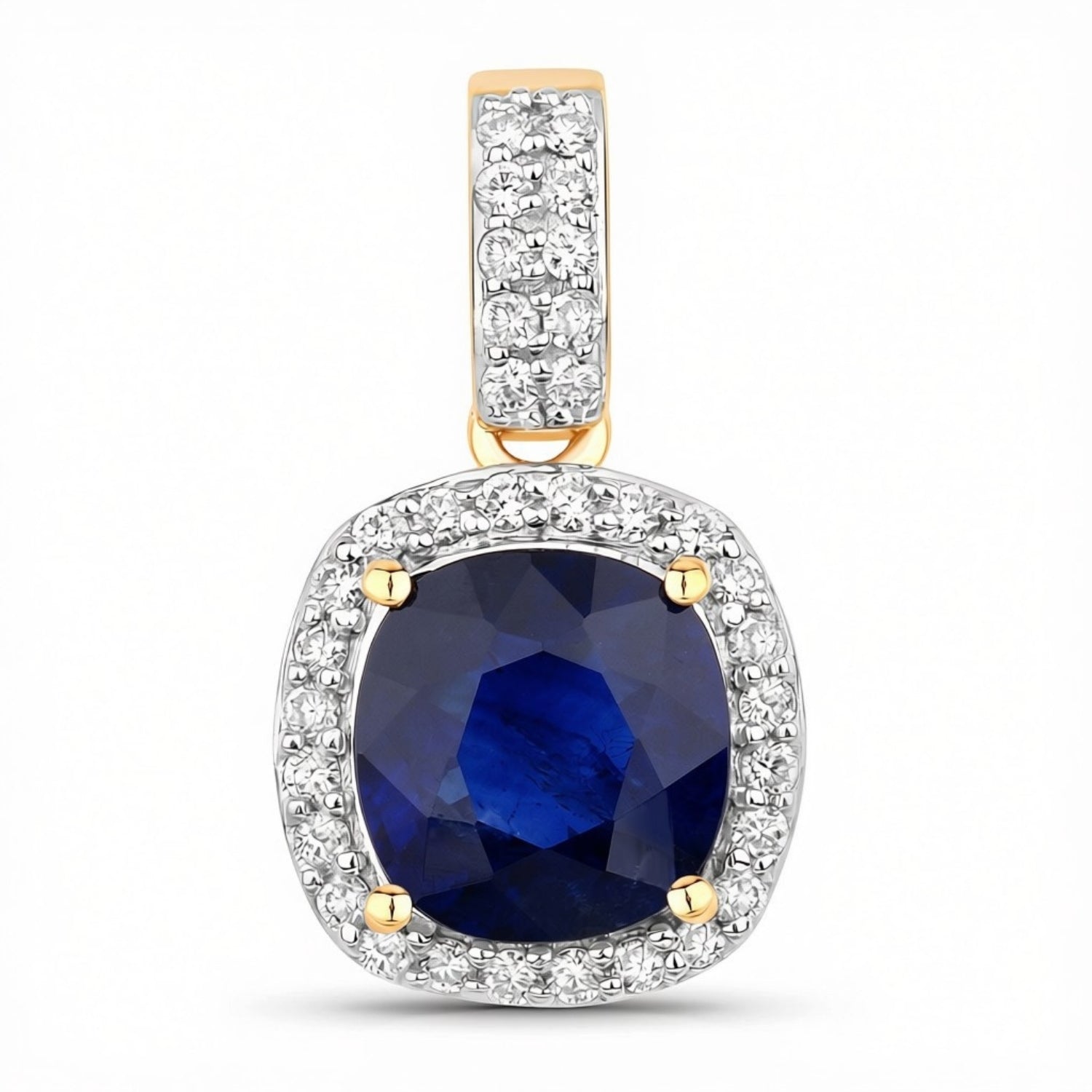 2.18 Ct Genuine Cushion Ceylon Blue Sapphire and Diamond 18K Yellow Gold Halo Pendant Only