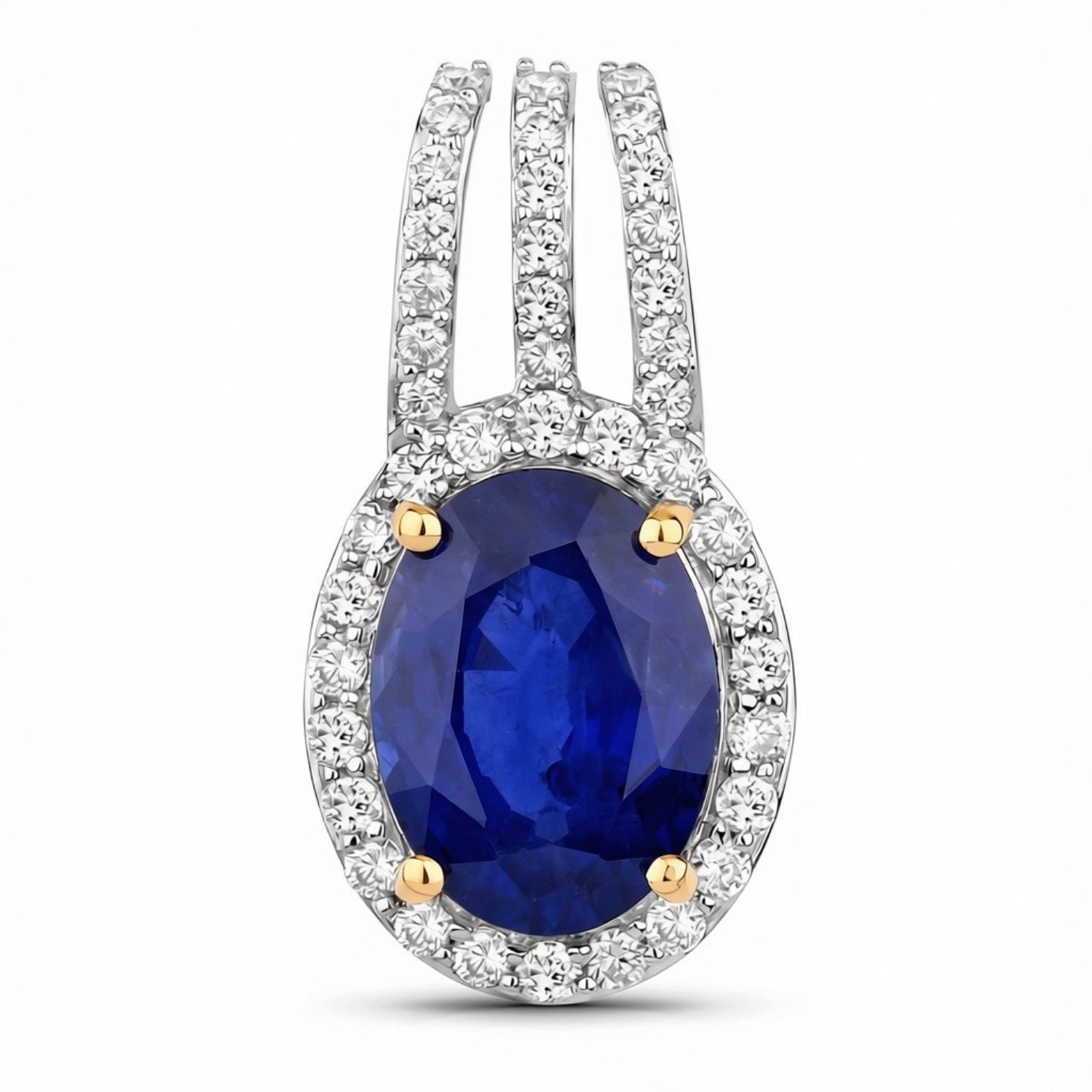 4.06 Ct Genuine Oval Ceylon Blue Sapphire and Diamond 18K Yellow Gold Statement Pendant Only
