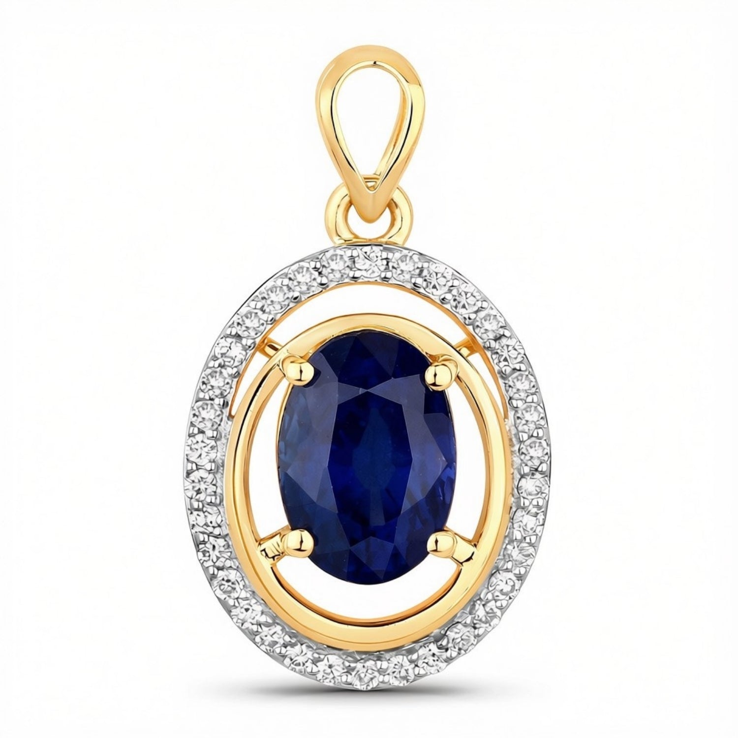 2.59 Ct Genuine Oval Ceylon Blue Sapphire and Diamond 18K Yellow Gold Statement Pendant Only