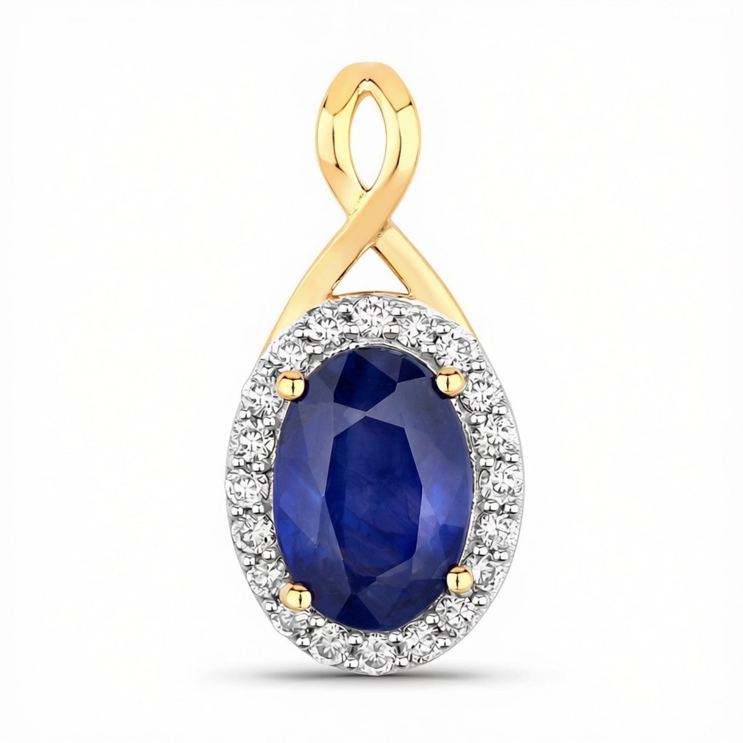 1.88 Ct Genuine Oval Ceylon Blue Sapphire and Diamond 18K Yellow Gold Crossover Pendant Only