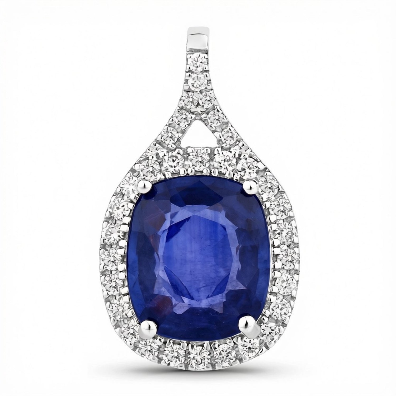 2.73 Ct Genuine Cushion Ceylon Blue Sapphire and Diamond 18K White Gold Halo Pendant Only