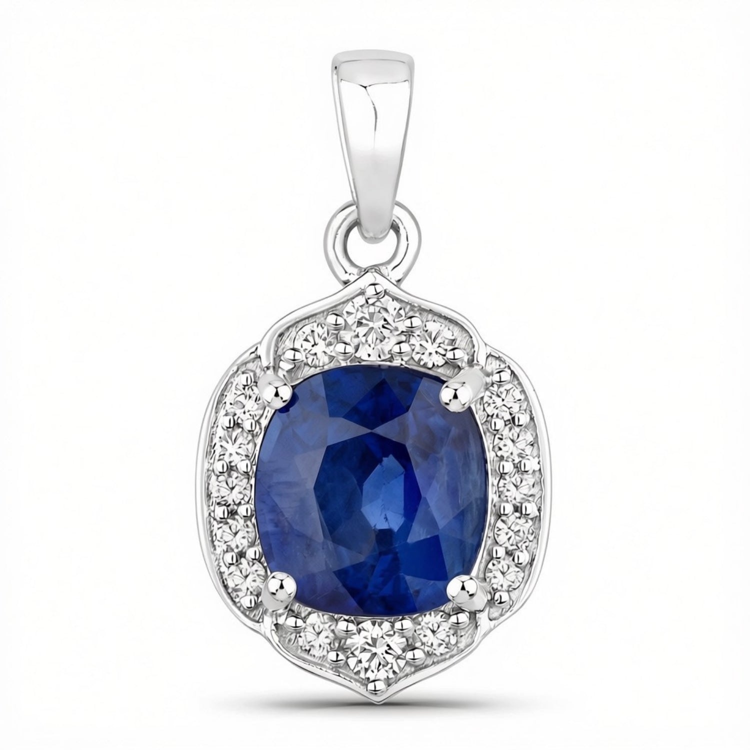2.19 Ct Genuine Cushion Ceylon Blue Sapphire and Diamond 18K White Gold Halo Pendant Only