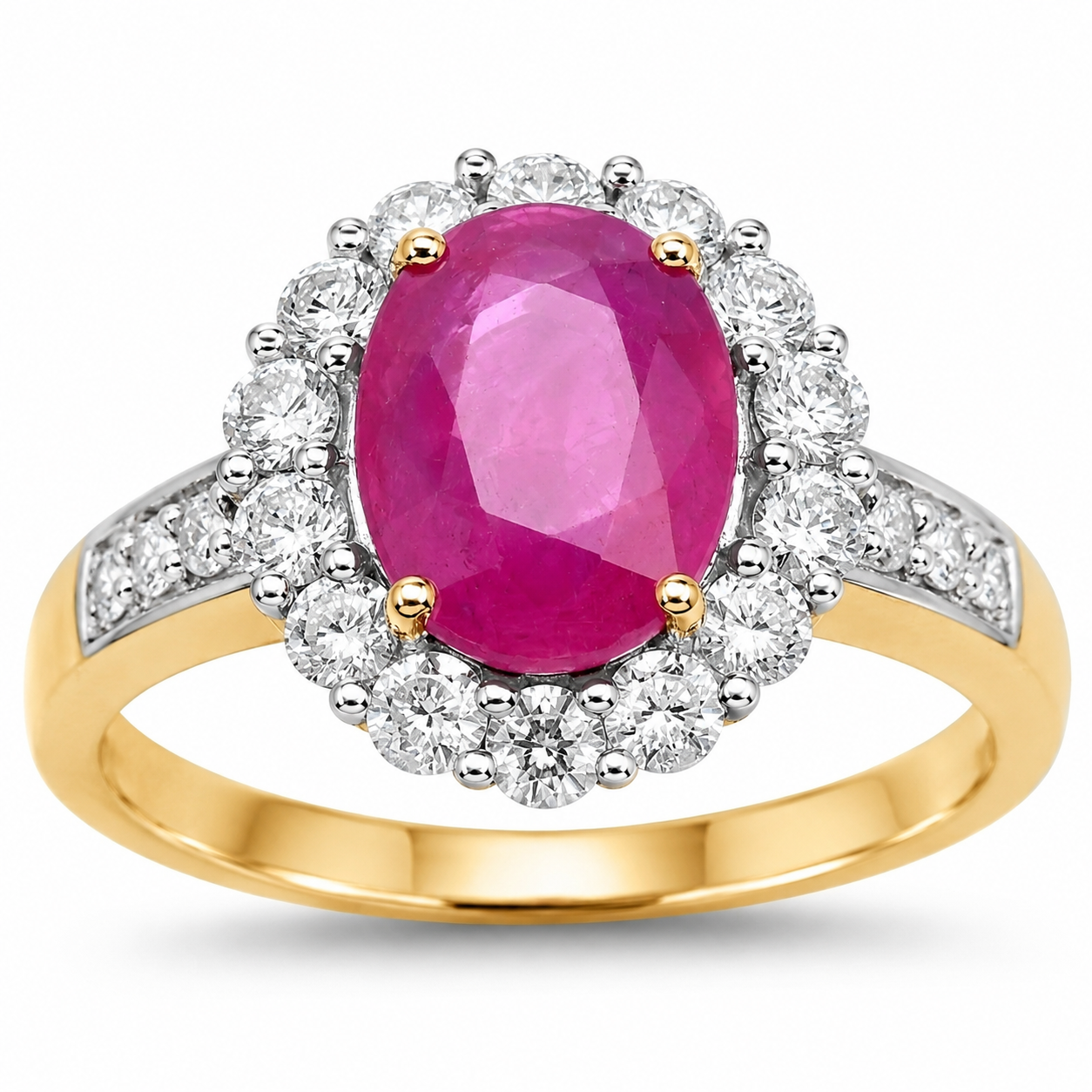 2.85 Ct Oval Pink Burma Ruby and Diamond 18K Yellow Gold Halo Prong Ring