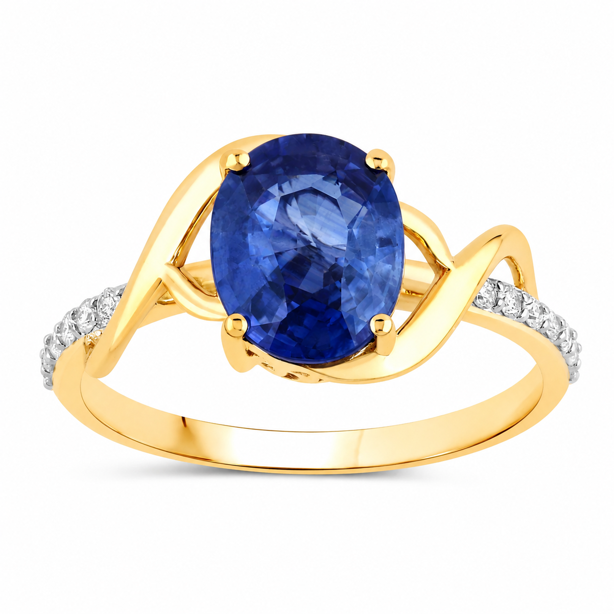 2.34 Ct Oval Ceylon Blue Sapphire and White Diamond Prong 18K Yellow Gold Crossover Ring