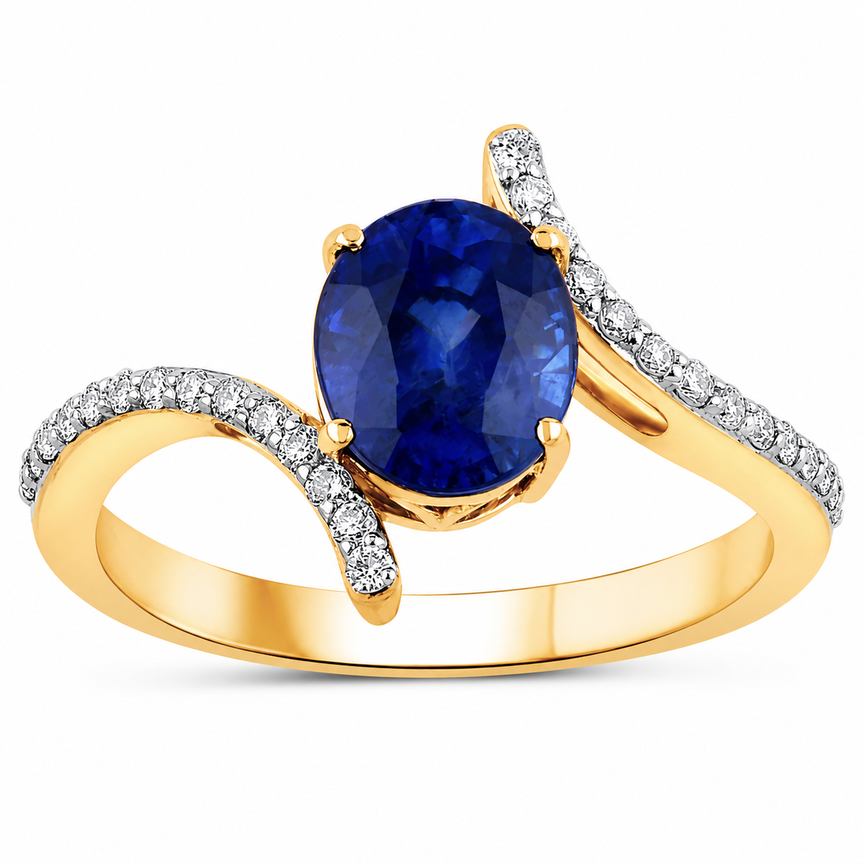 2.42 Ct Oval Ceylon Blue Sapphire and White Diamond Prong 18K Yellow Gold Pave Bypass Ring