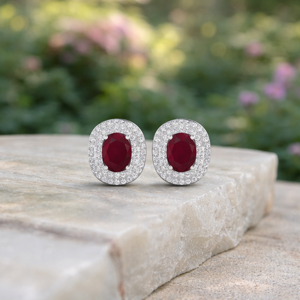Genuine White Diamond and Ruby Studs