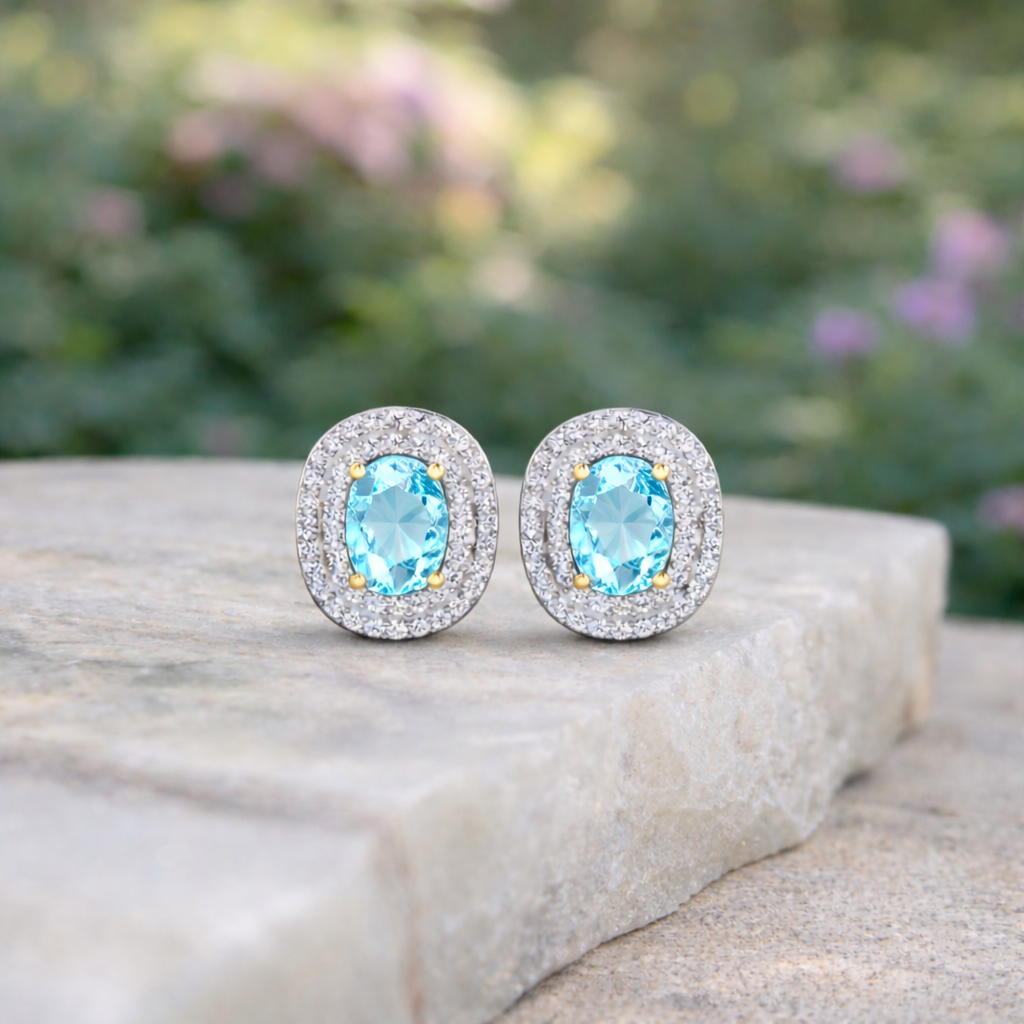 Genuine Diamond and Aquamarine Oval Stud Earrings