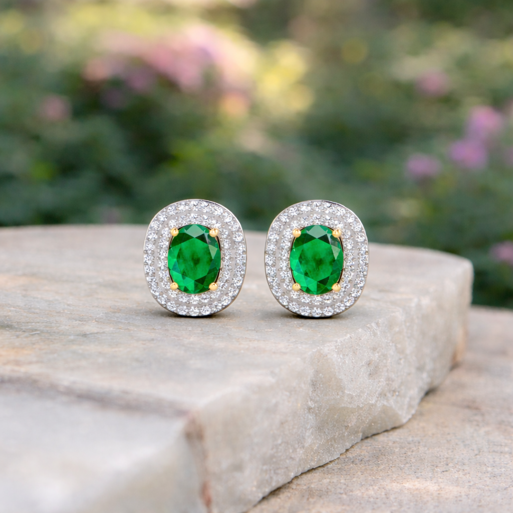 Genuine Diamond and Zambian Emerald 14k Gold Studs