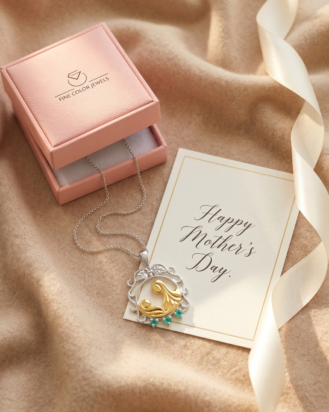 Genuine Emerald Pendant Mom Necklace Silver