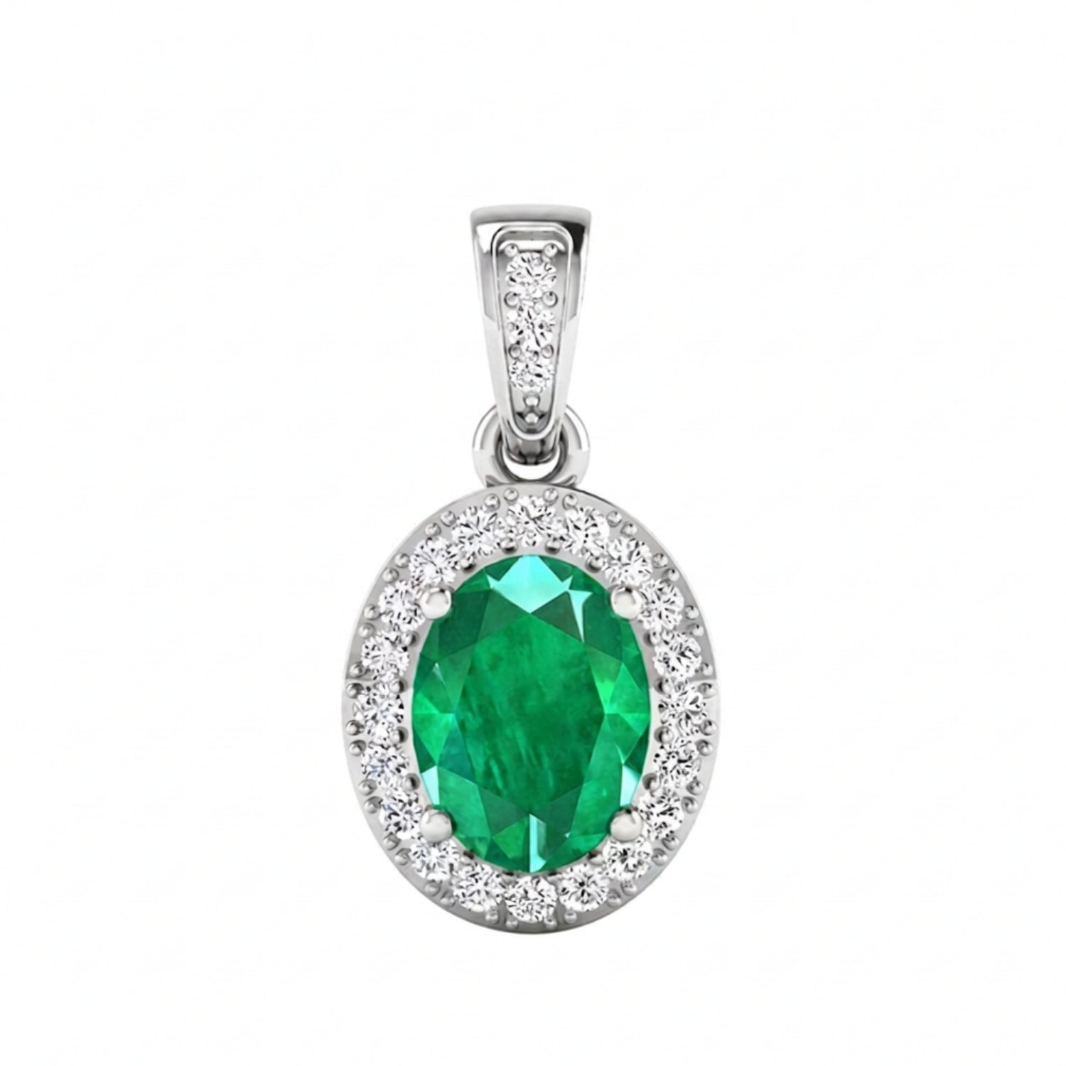 14K White Gold Zambian Emerald halo Pendant Only
