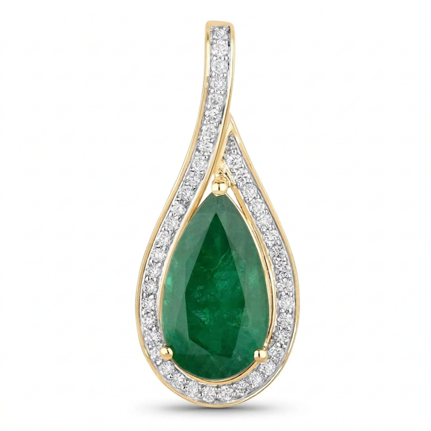 Natural Zambian Emerald and White Diamond 14K Gold Crossover Pendant Only