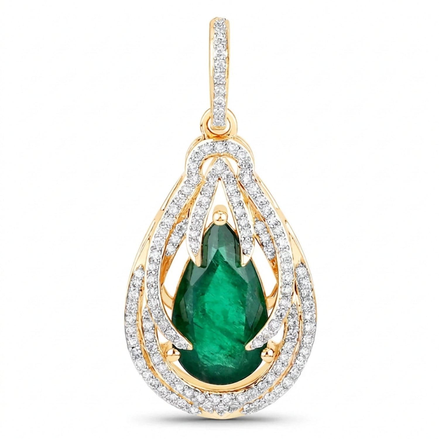 Genuine Zambian Emerald and White Diamond 14K Gold Drop Pendant Only