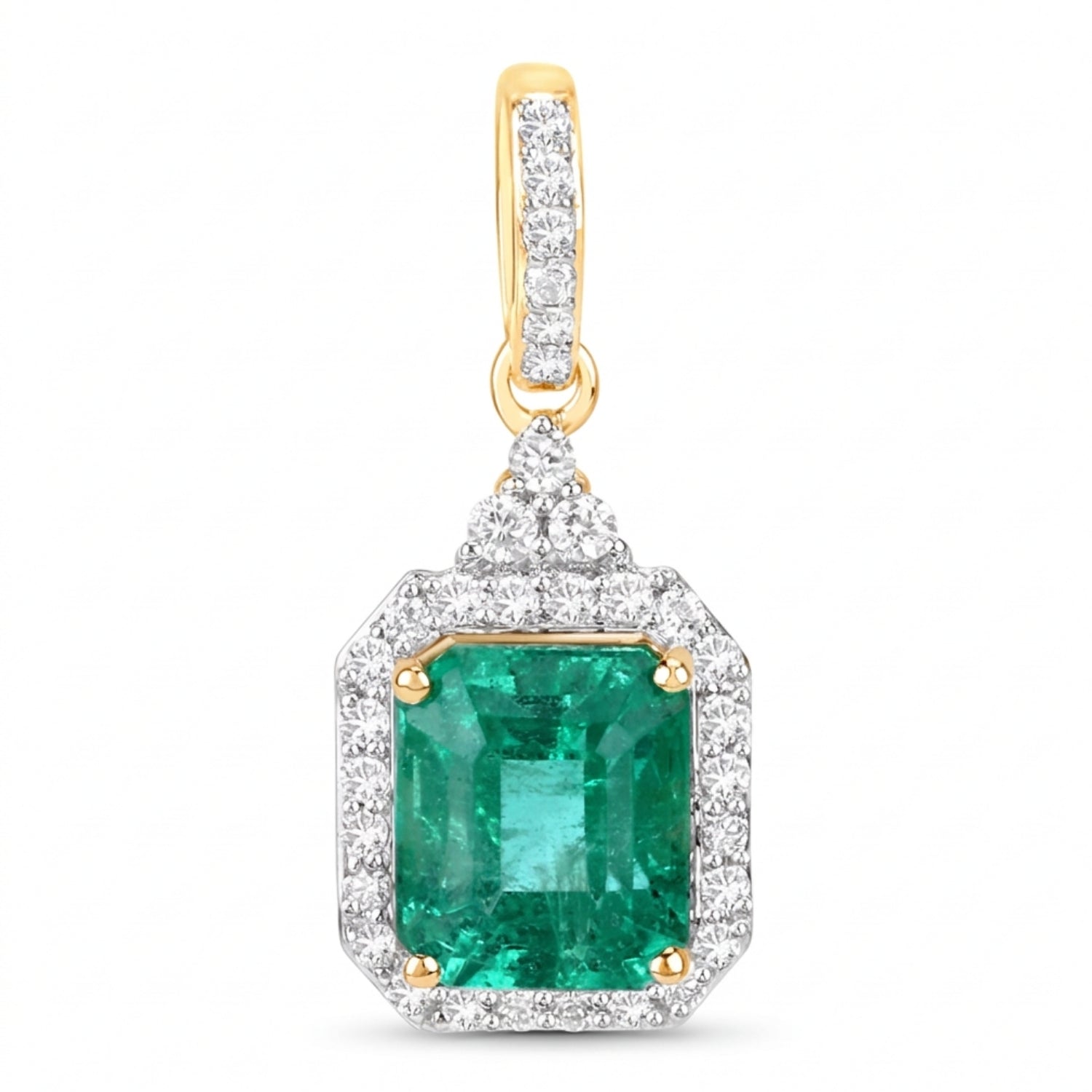 Genuine Zambian Emerald and White Diamond 14K Gold Halo Pendant Only