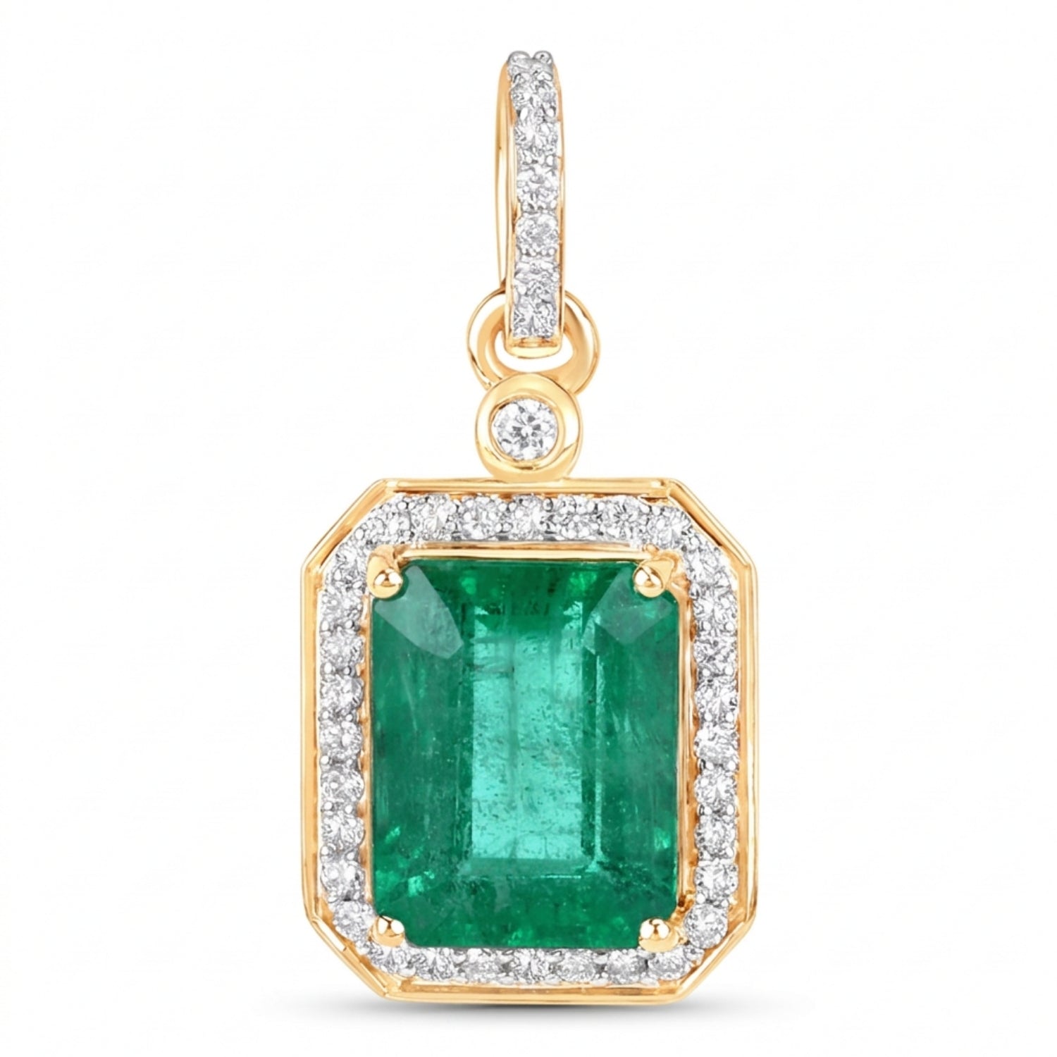 Natural Zambian Emerald White Diamond 14K Gold Halo Pendant Only