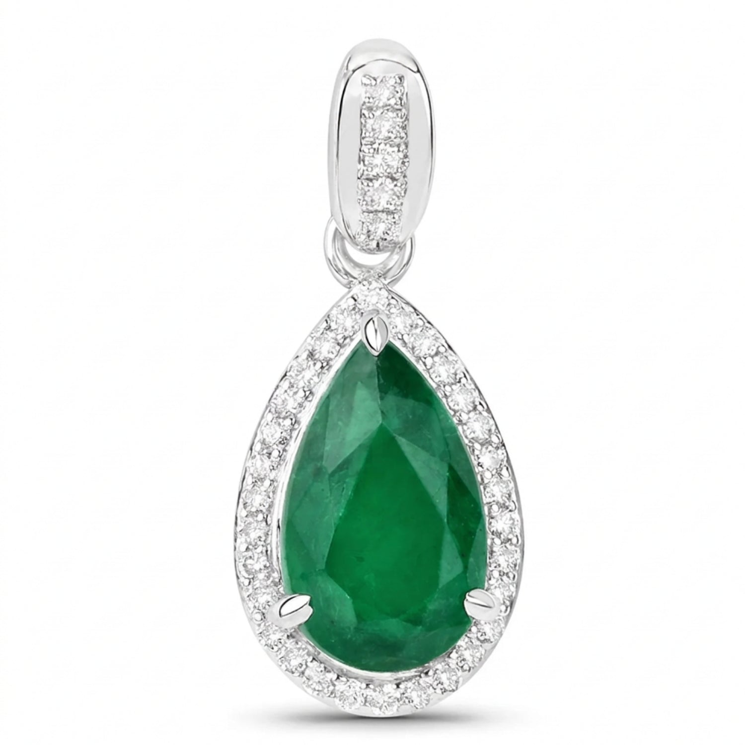 Genuine Zambian Emerald and White Diamond 14K White Gold Pendant Only
