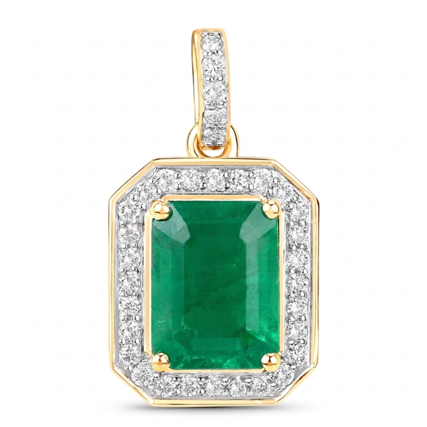 Genuine Zambian Green Emerald White Diamond 14K Gold Pendant Only