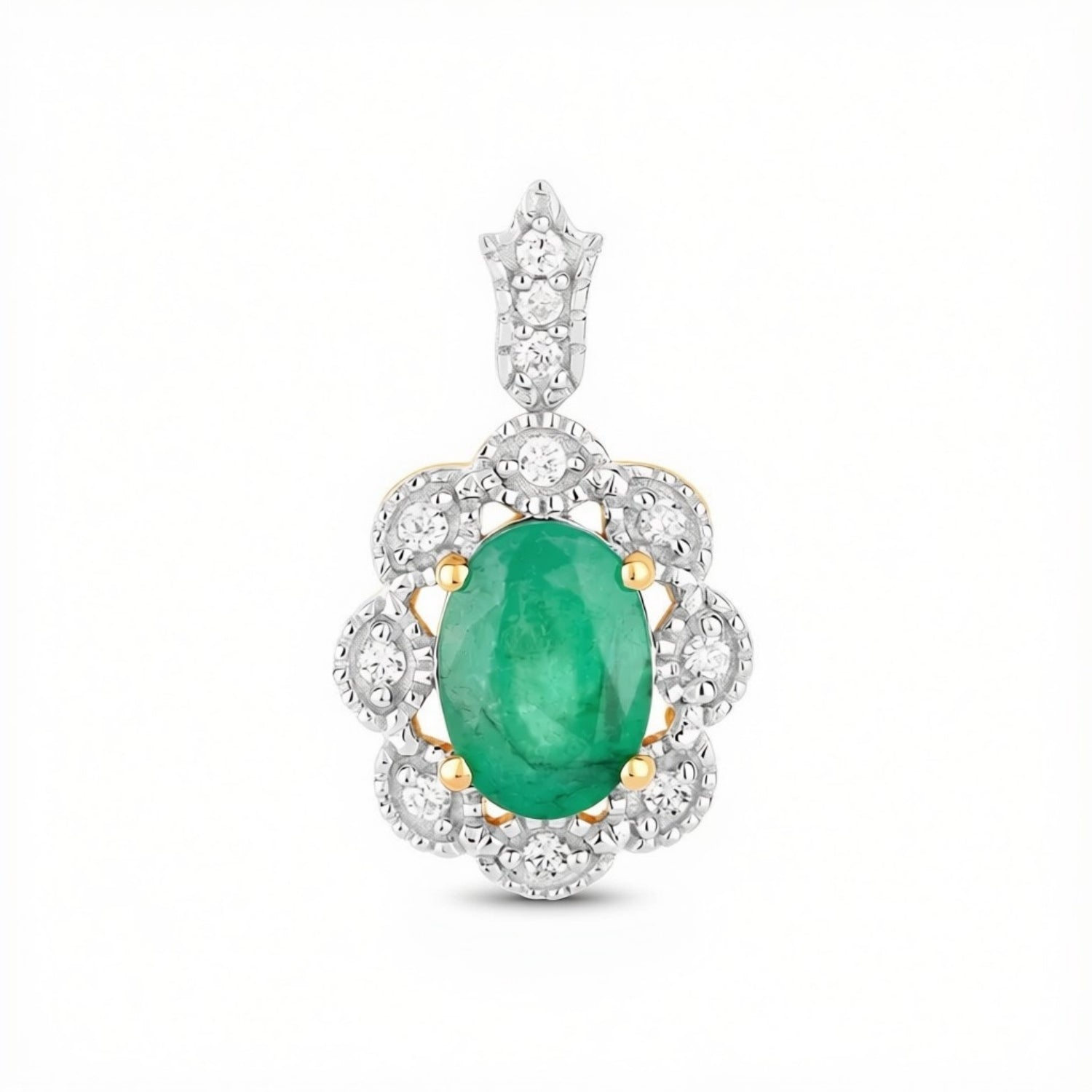 Genuine 10K Zambian Emerald Diamond Halo Pendant Only