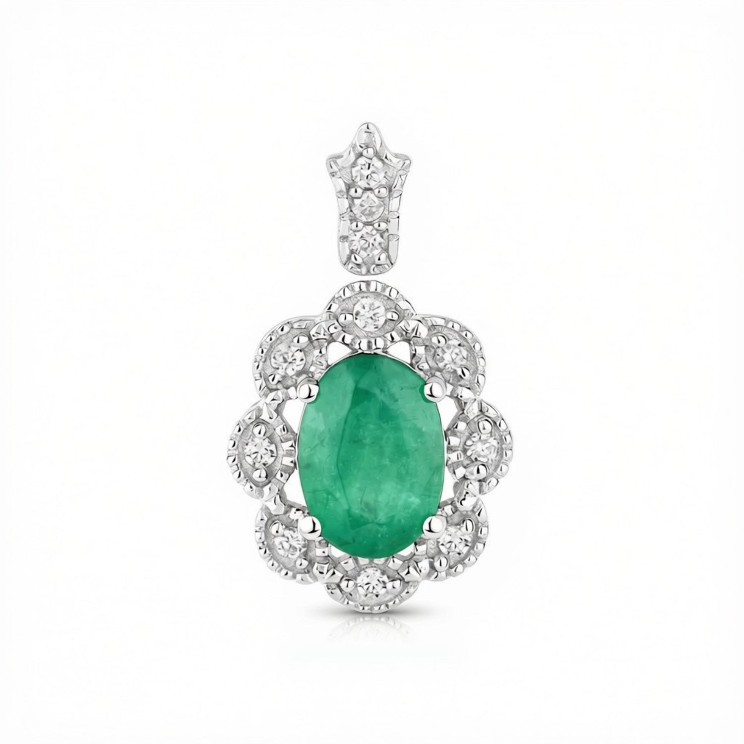 Genuine 10K Zambian Emerald Diamond Halo Pendant Only