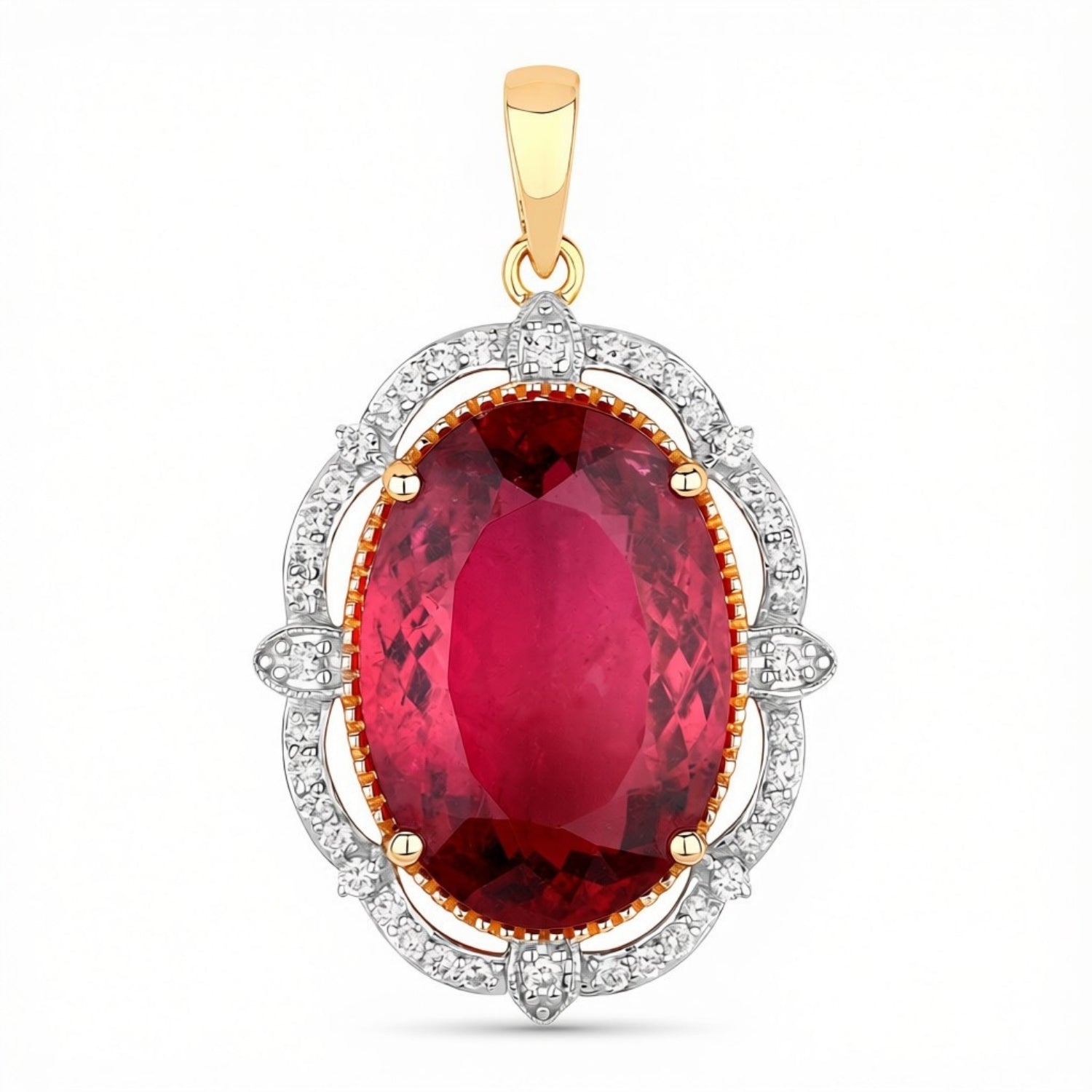 Genuine Rubellite and White Diamond 14K Yellow Gold Oval Pendant Only