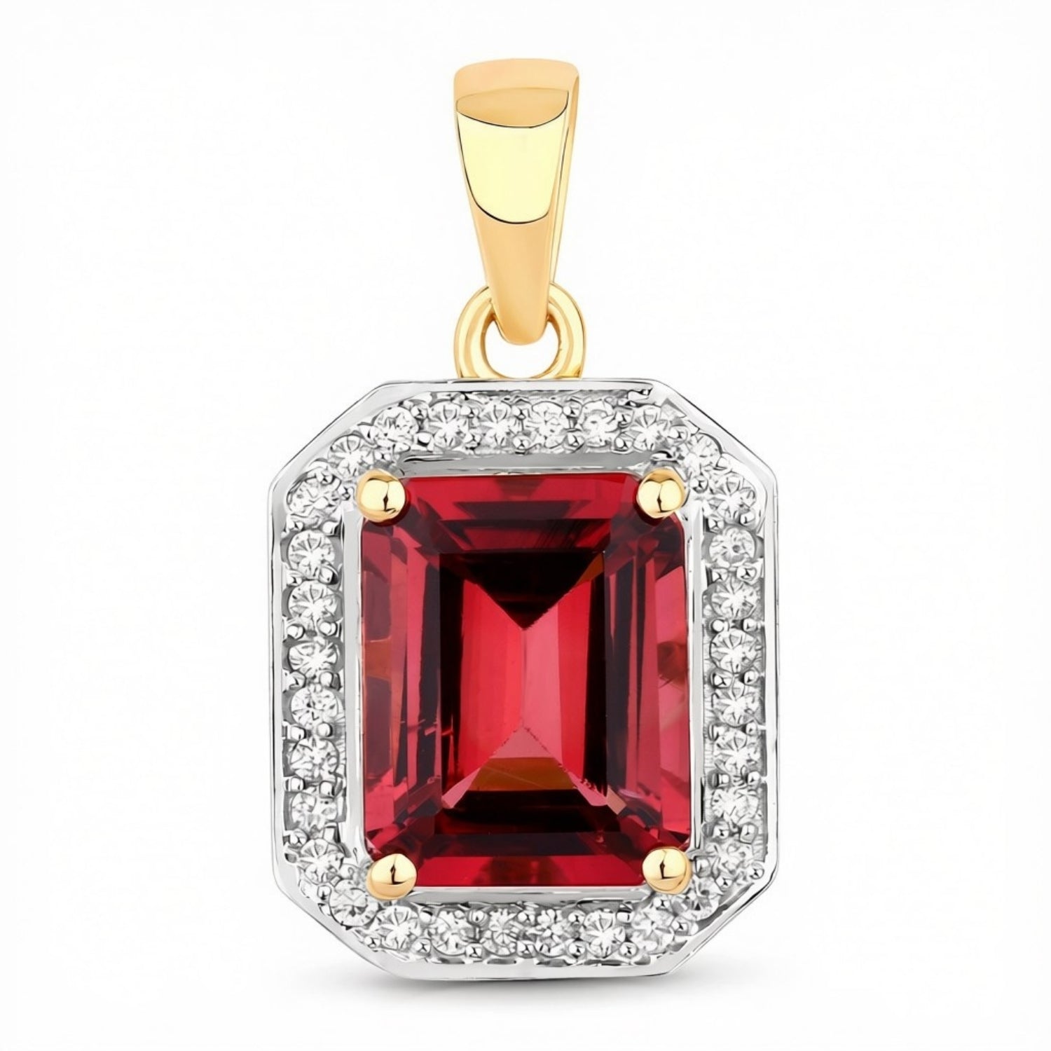 Red Genuine Rubellite and White Diamond 14K Yellow Gold Halo Pendant Only