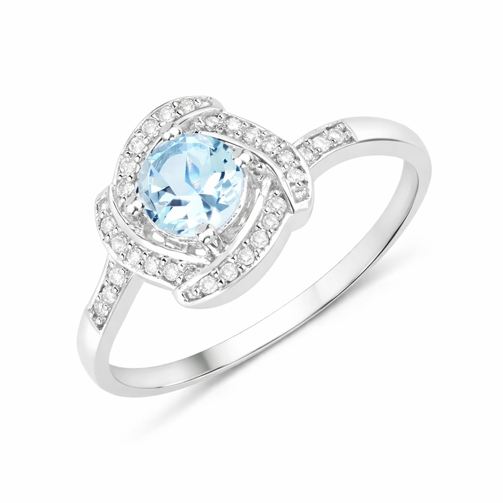 Anillo de oro blanco de 14 quilates con halo de aguamarina y diamantes blancos