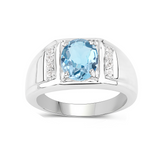 London Blue Topaz with White Topaz Solitaire Sterling Silver Unisex Ring