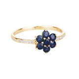 Anillo floral de zafiro azul y diamantes blancos en oro amarillo de 10 quilates