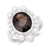 Smoky Quartz and Pearl Silver Halo Ring