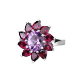 Natural Amethyst and Rhodolite Floral Ring