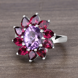 Natural Amethyst and Rhodolite Floral Ring