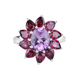 Natural Amethyst and Rhodolite Floral Ring