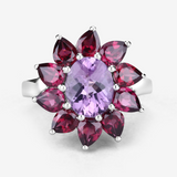 Natural Amethyst and Rhodolite Floral Ring