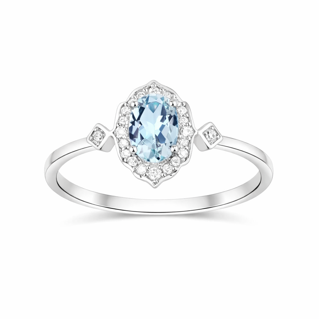 Blue oval Aquamarine Diamond Halo Ring