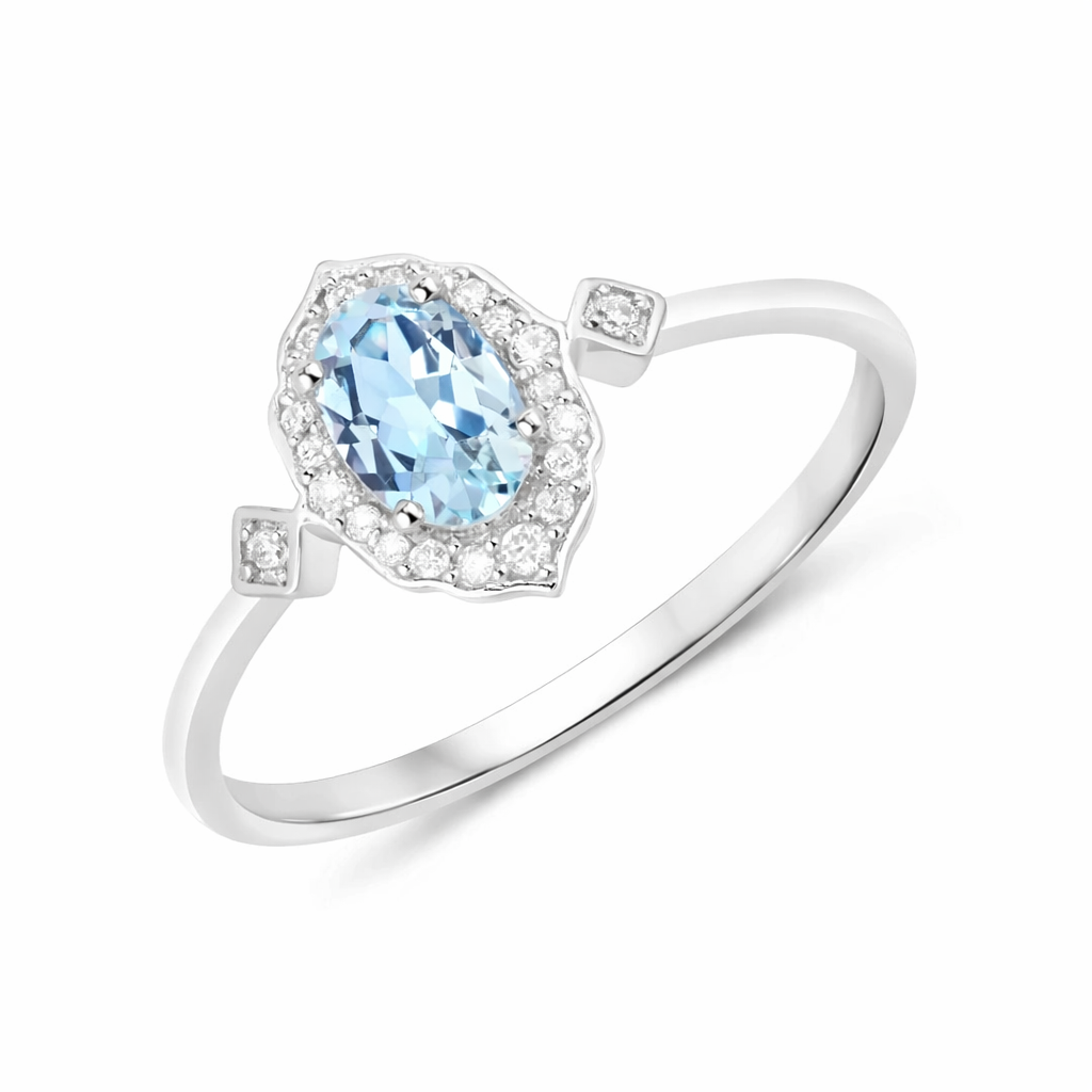 Blue oval Aquamarine Diamond Halo Ring