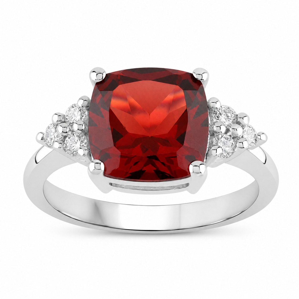 3.71 Ct Cushion Red Mozambique Garnet and Lab Diamond Prong Silver Cocktail Ring