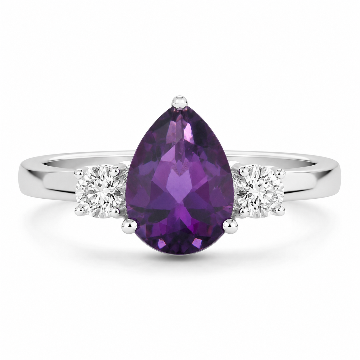 1.27 Carat Pear Purple Amethyst and Lab Diamond Prong Silver 3 Stone Ring