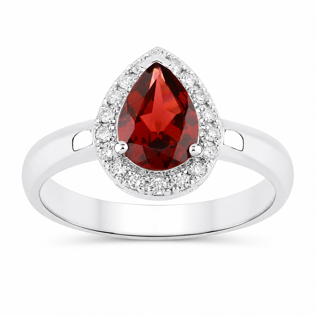 1.48 Ct Pear Red Mozambique Garnet and Lab Diamond Prong Silver Halo Engagement Ring