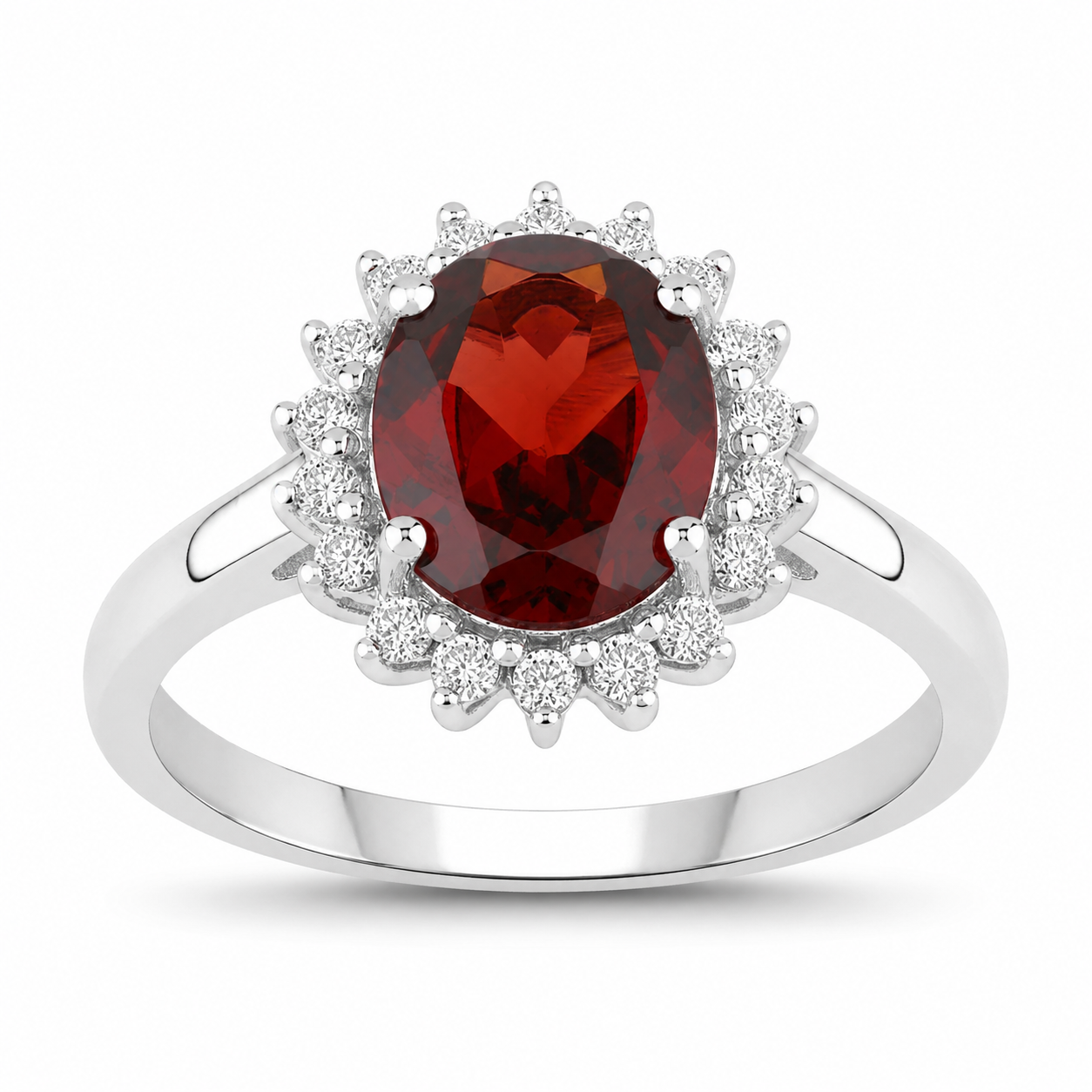 2.27 Ct Oval Red Mozambique Garnet and Lab Diamond Prong Silver Halo Floral Ring