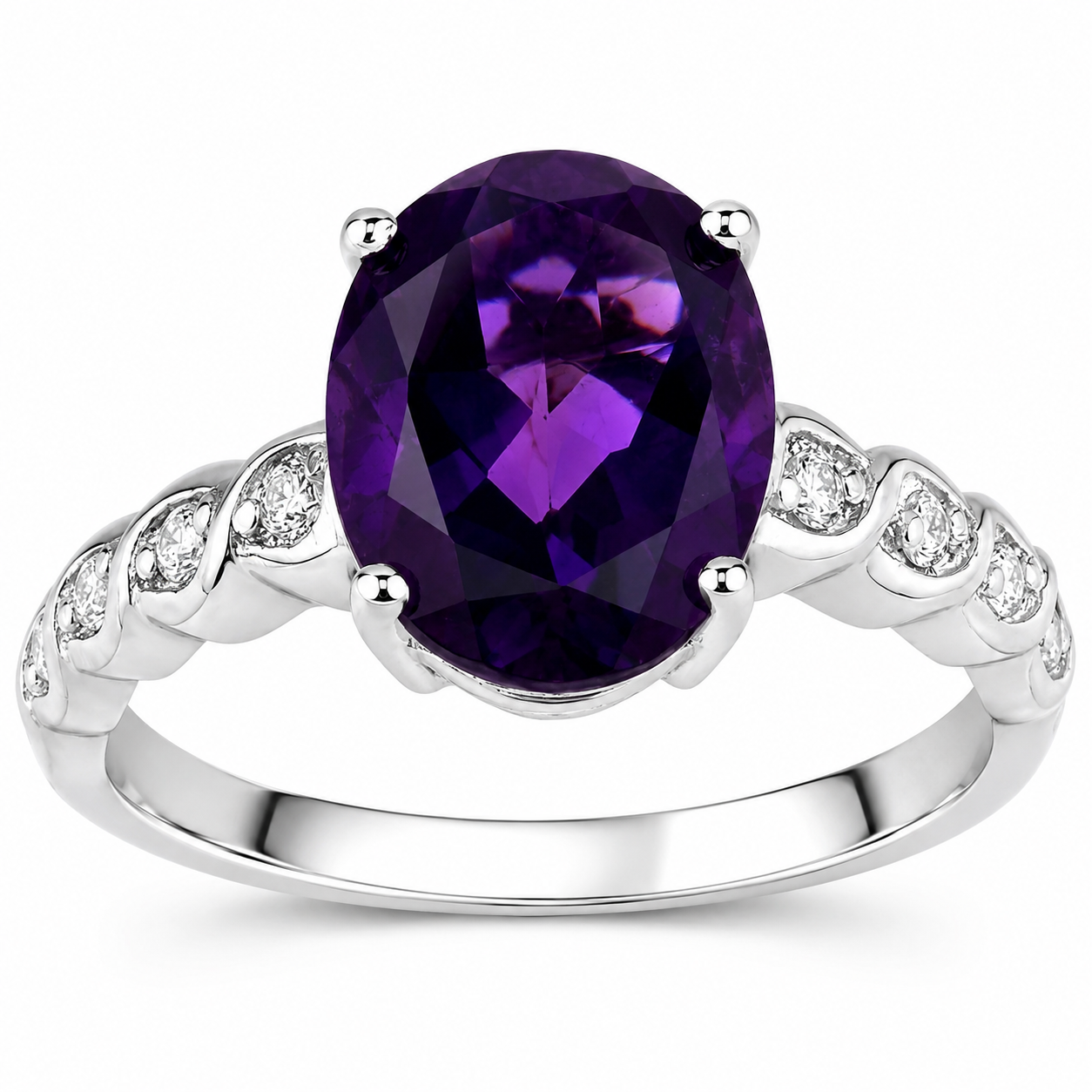 2.35 Ct Oval Purple Amethyst and Lab Diamond Prong Silver Cocktail Bridge Ring