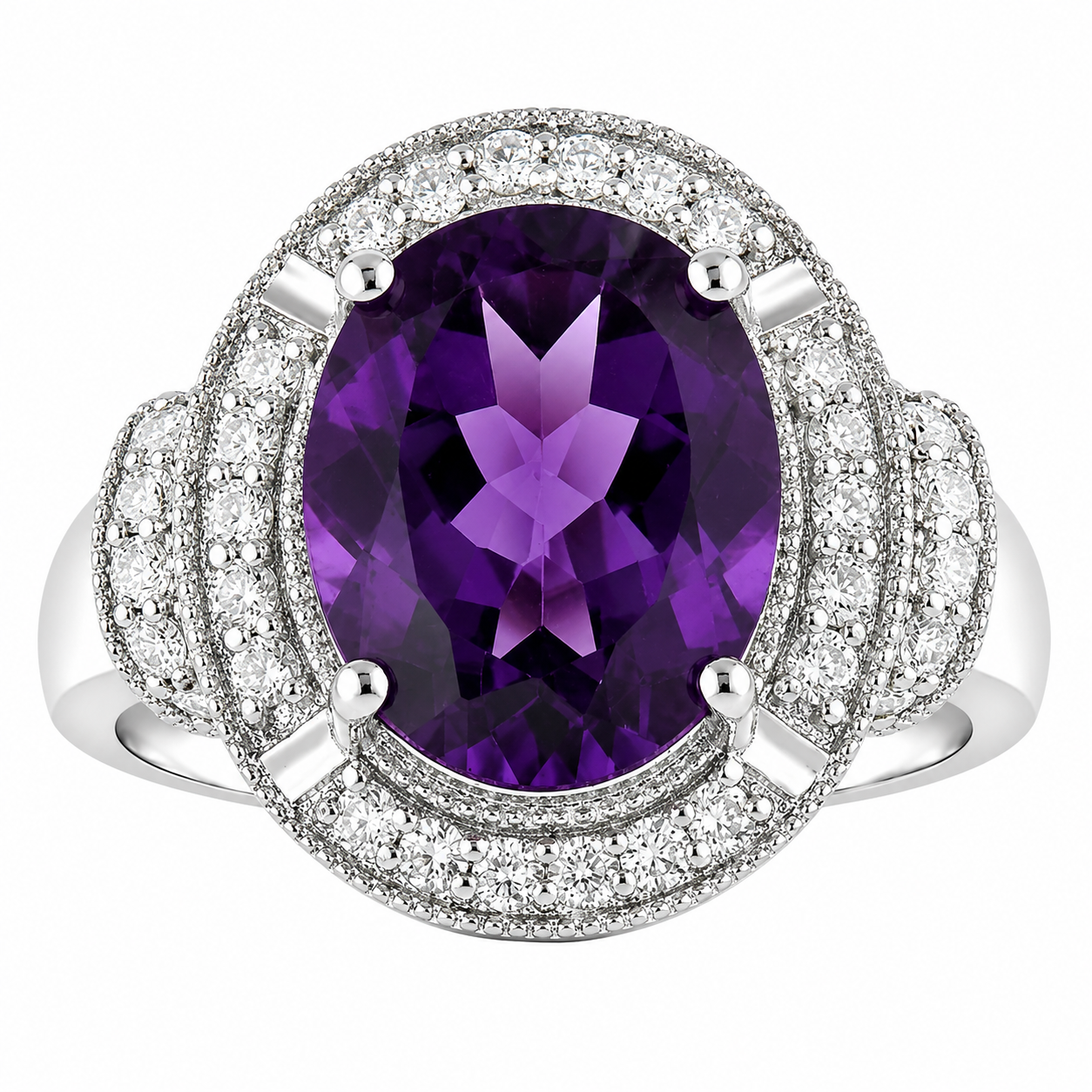 3.54 Ct Oval Purple Amethyst and Lab Diamond Prong Silver Halo Statement Ring