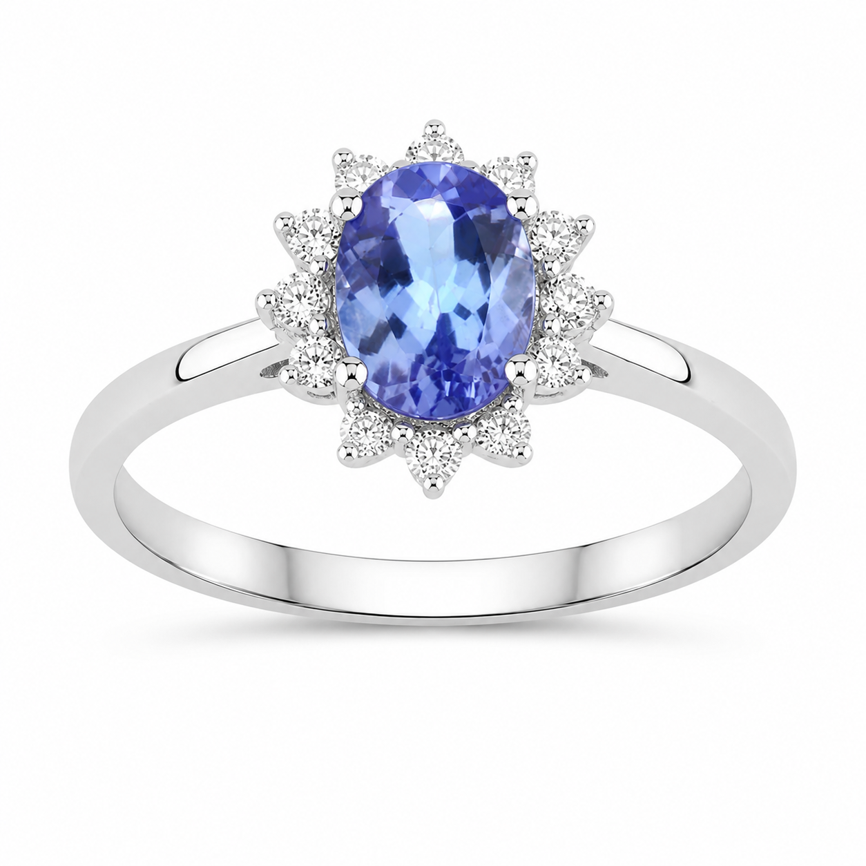 0.75 Ct Oval Violet Tanzanite and Lab Diamond Prong Silver Halo Statement Ring
