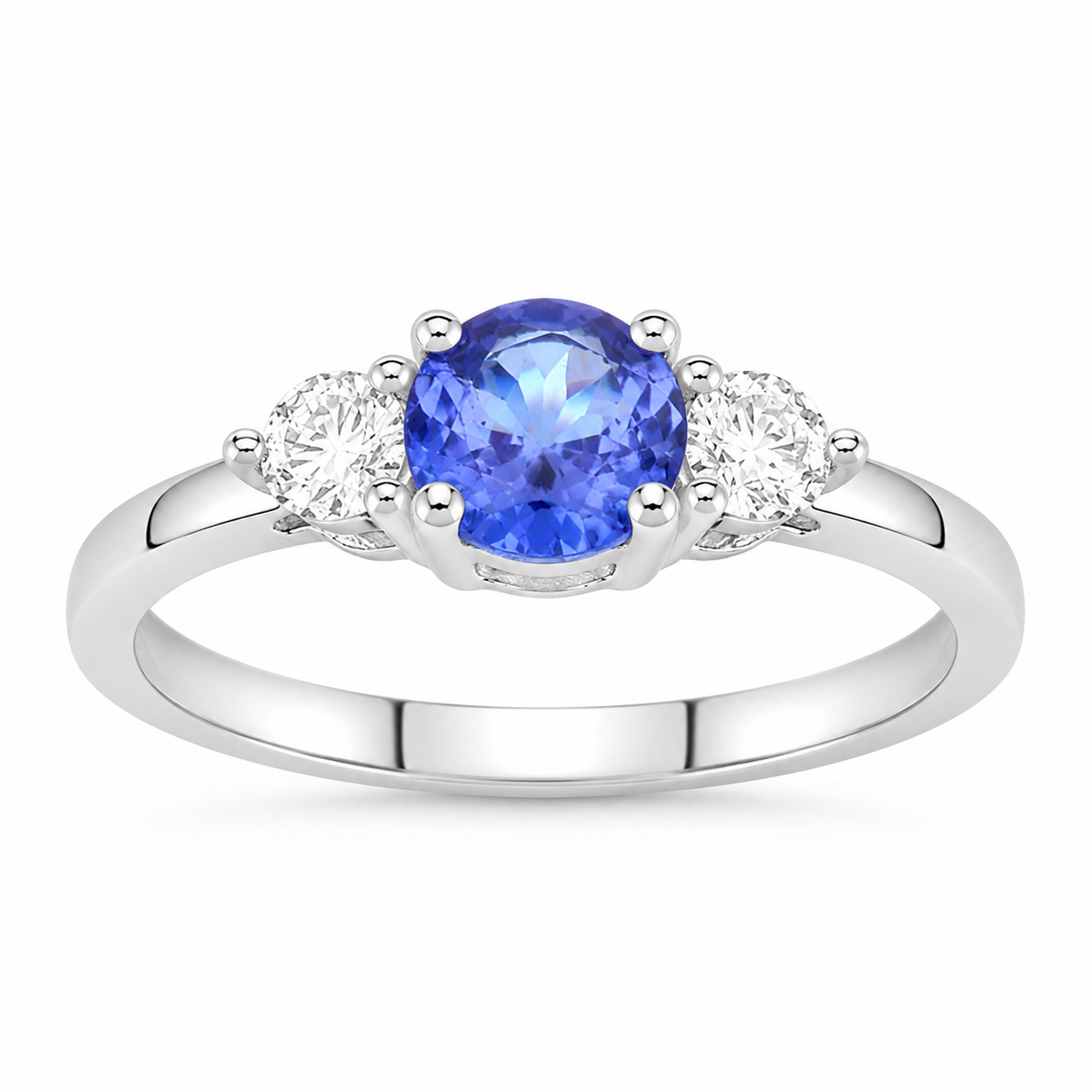 0.47 Ct Round Violet Tanzanite & Lab Diamond Prong Silver Three Stone Ring